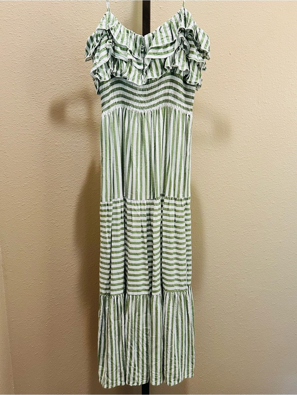 Zara Green Striped Ruffle Maxi Dress - Women Cotton Linen Lightweight Summer XS